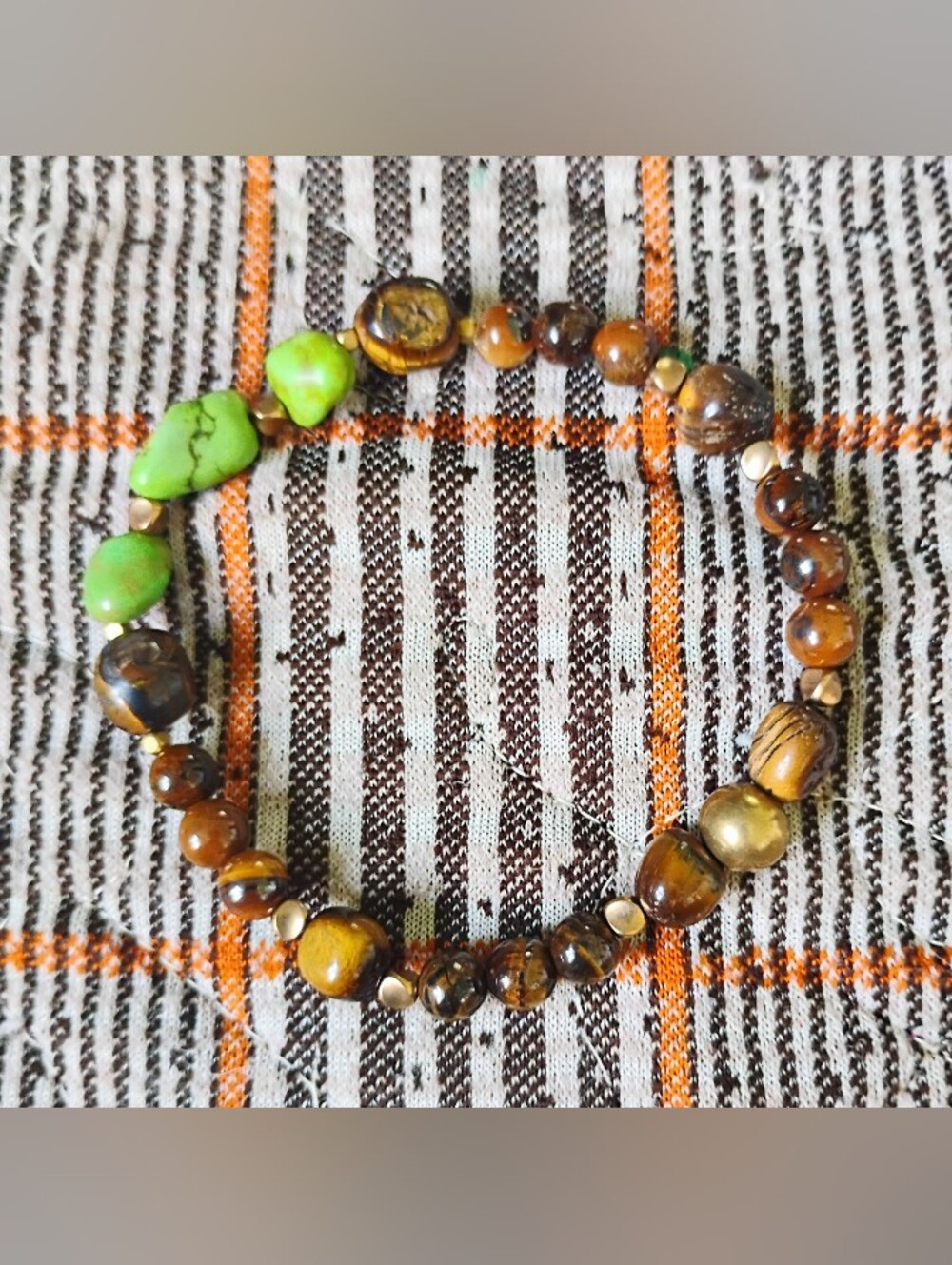 Large Tiger Eye and Green Turquoise Stretch Bracelet - Picture 1 of 6